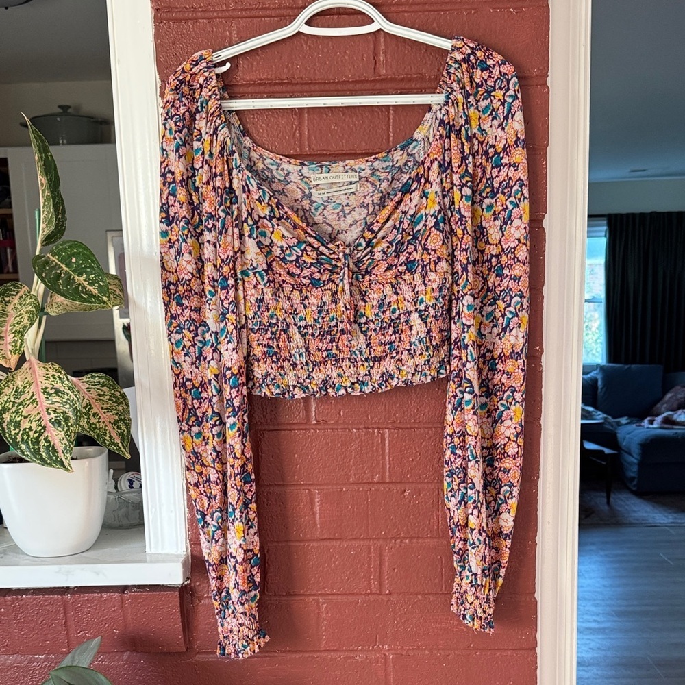 Urban Outfitters Purple Multi Floral Smocked Long Sleeve Crop Top Medium